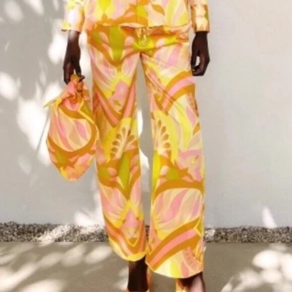 Zara | Mod Retro Print Silky Wide Leg Pajama Style Trousers Pants - Picture 1 of 11